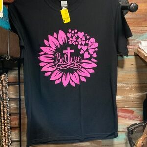 NEW Gildan Black Tee with Pink Floral Graphic